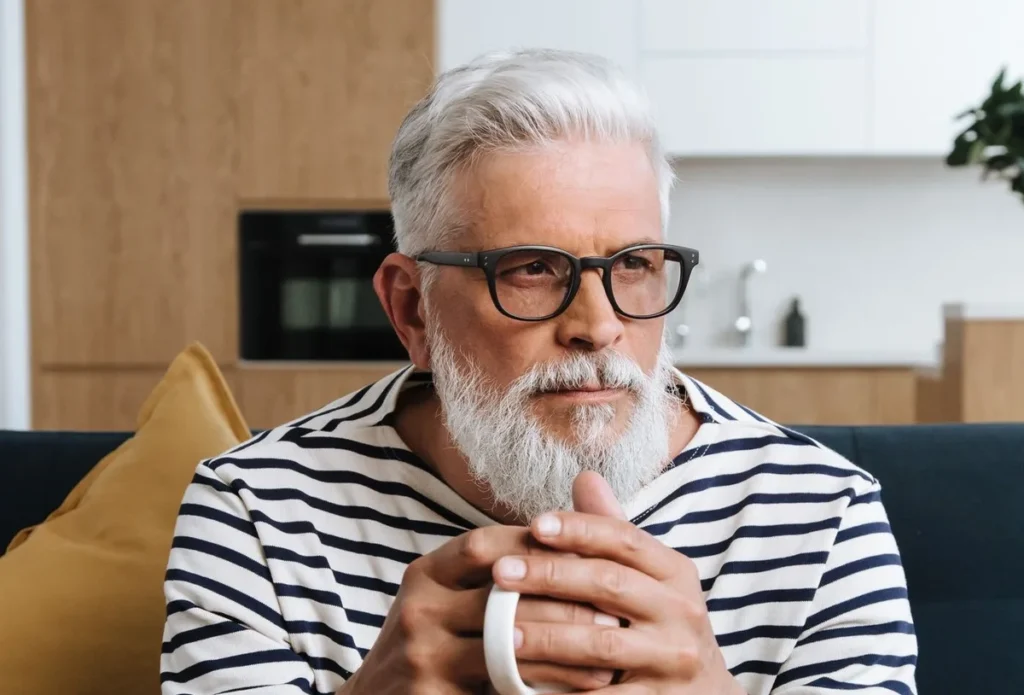 A grey haired man in his sixties sitting at home with a mug, looking away in thought